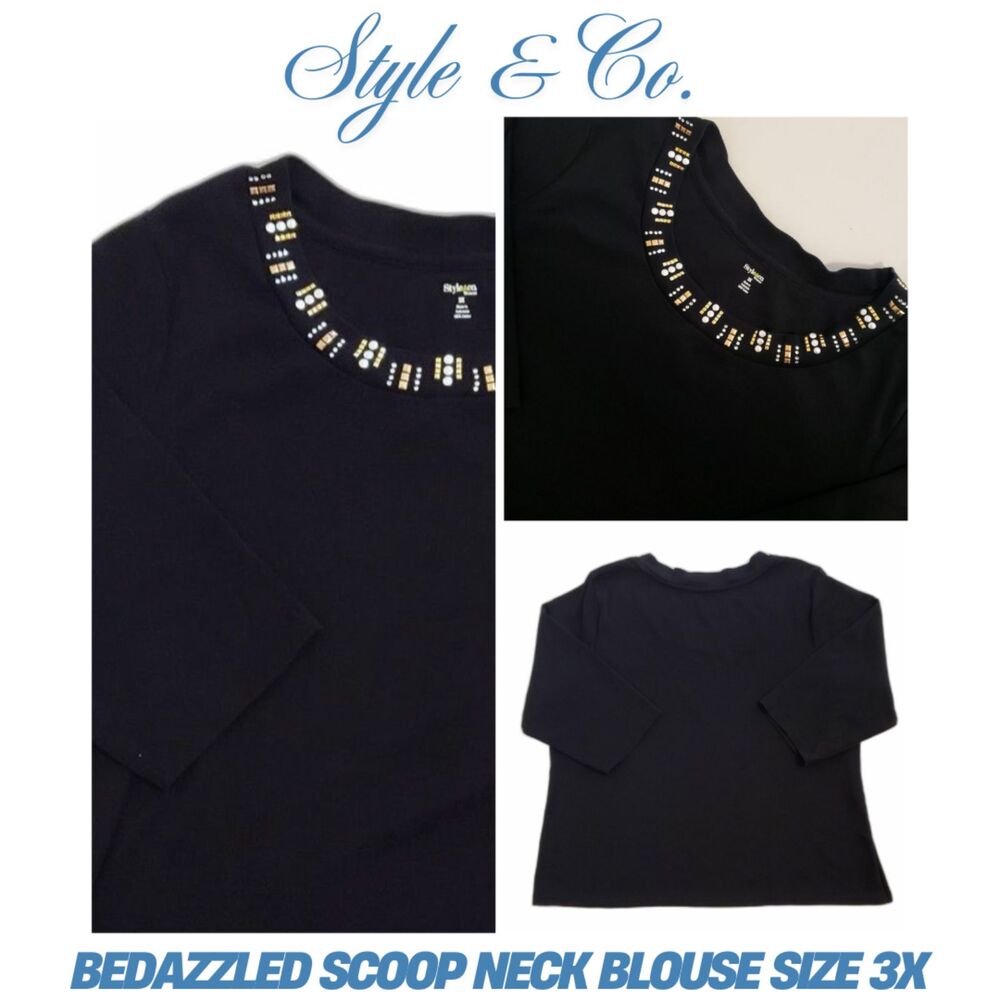 Style & Co Women Pullover Blouse Bedazzled Scoop Neckline Black 3X